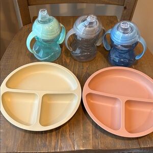 Toddler Silicone Plates and cups: Cream and Orange plates/ 3  sip cups. All new.